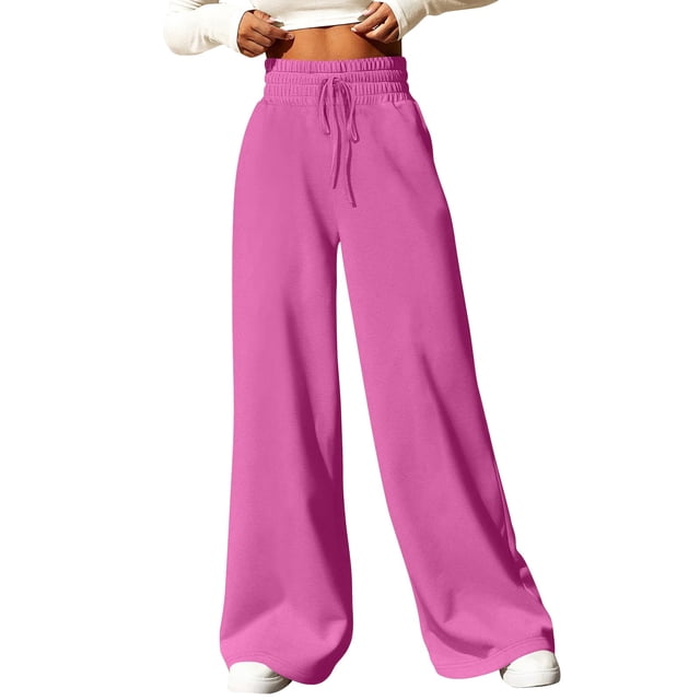 Pantalones de chándal de pierna ancha para mujer, pantalones casuales sueltos de color sólido, cómodos pantalones de chándal holgados, bolsillos rosa/L