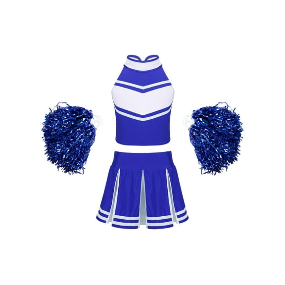 Aislor Kids Girls Cheer Leader Cheerleading Uniform Crop Top with Skirt Pom Poms Dancewear Blue 6