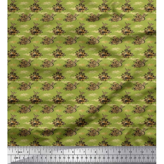 Soimoi Green Poly Georgette Fabric Bird & Arrow Vintage Decor Fabric Printed Yard 42 Inch Wide