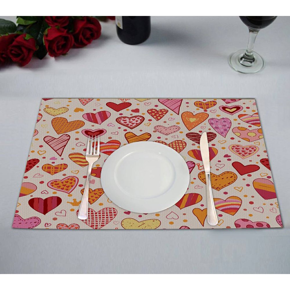ECZJNT Valentines hearts Placemat Table Mat Cup Mat 12x18 inch,Set of 2