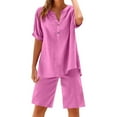 thumbnail image 4 of Linen Short Sets for Women 2 Piece Outfits Short Sleeve Button V Neck Shirts and Bermuda Short Sets Vacation Clothes 2026 Pink L, 4 of 7