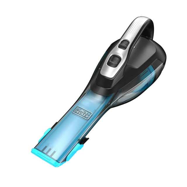 Handheld Black + Decker Dustbuster Classic cordless vacuum with transparent blue dust container.