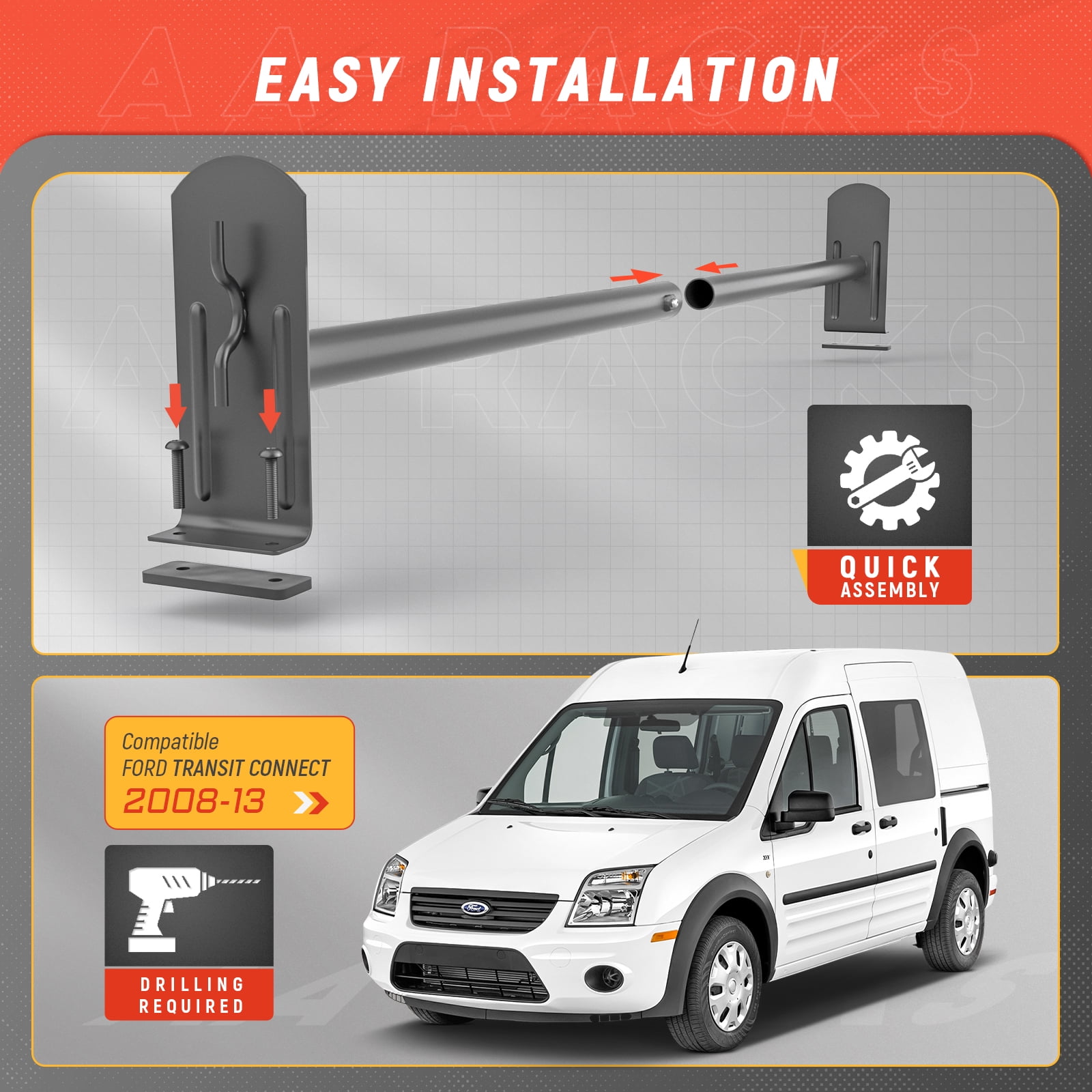 AA-Racks Model DX36 Ford Transit Connect 2008-13 Utility Two Bar Drilling Van Roof Ladder Rack Sandy Black (DX36-BLK-TR)