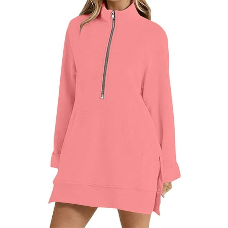 jtjvou Half Zip Pullover Women Fall Winter Casual Raglan Long Sleeve Side Split Mini Tunic Sweatshirts Dresses with Pocket Pink S