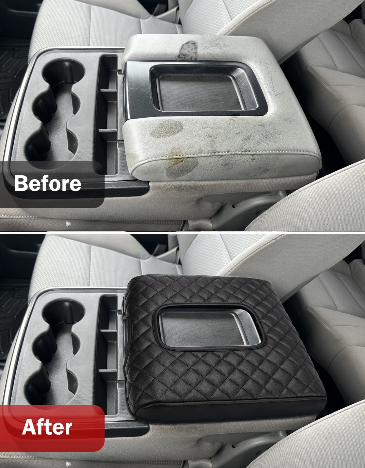 KBH Center Console Cover Fit for 2014-2018 Chevy Silverado GMC Sierra with 40/20/40 Split Bench Jump Seat, Black Leather Interior Trim Armrest Cover Cushion Pad
