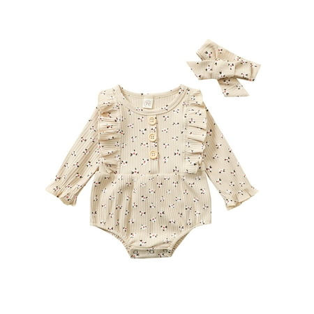 

Canrulo Baby Girls Floral Playsuit Ruffle Bodysuit+Headband Long Sleeve Knitted Romper Jumpsuit Infant Clothes Apricot 12-18 Months