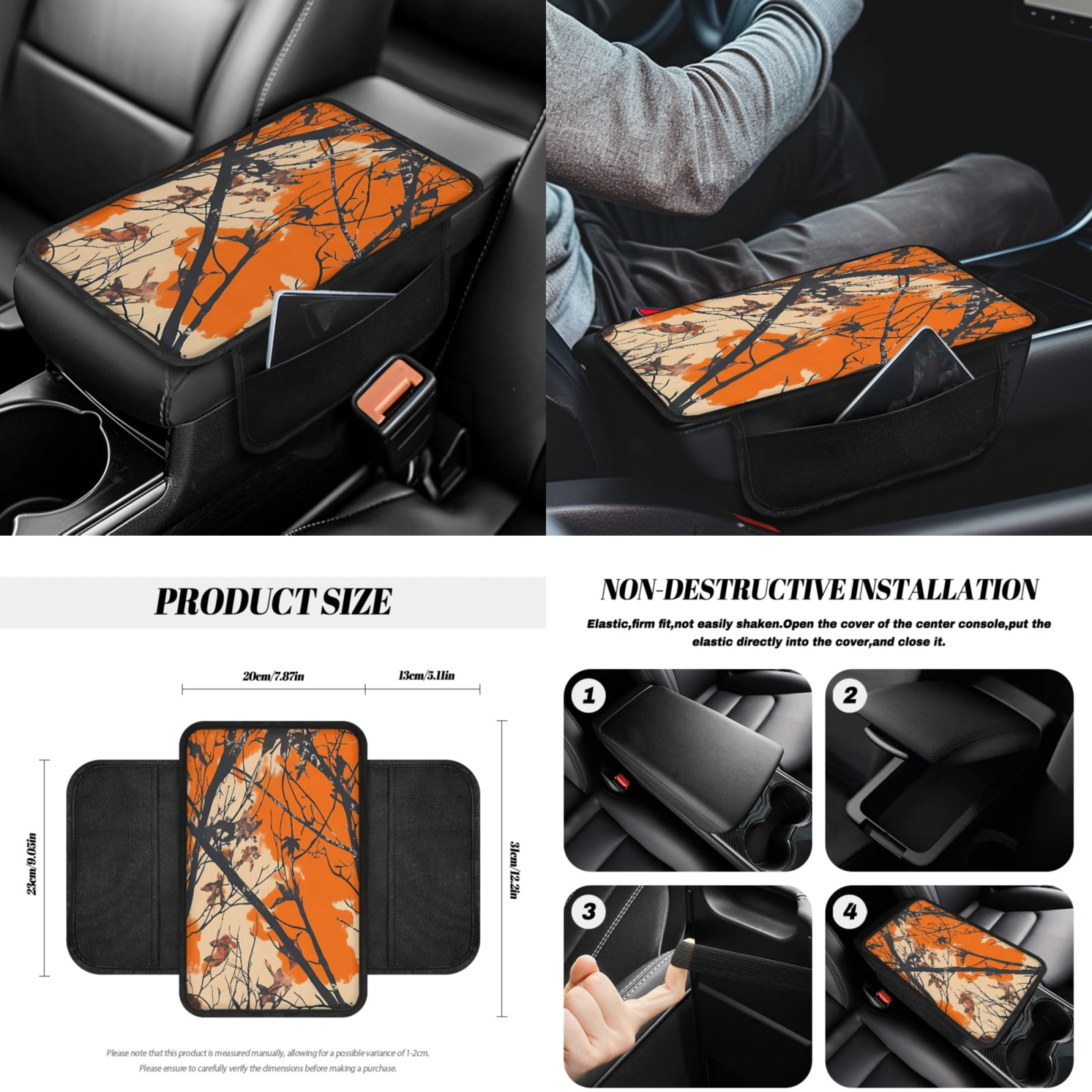 Yuyamidu Camo Hunting Car Seat Covers Full Set of 14 Orange Wood Steering Wheel Cover Seat Belt Pad Cover Waste Bin Rear View Mirror Cover Coasters Armrest Cover Handbrake Cover Set Car Decor