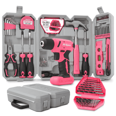 Hi-Spec Drill Set 58pc Pink Tool Set 8V USB Electric Drill Driver & Household Tool Kit. DIY Cordless Power Screwdriver