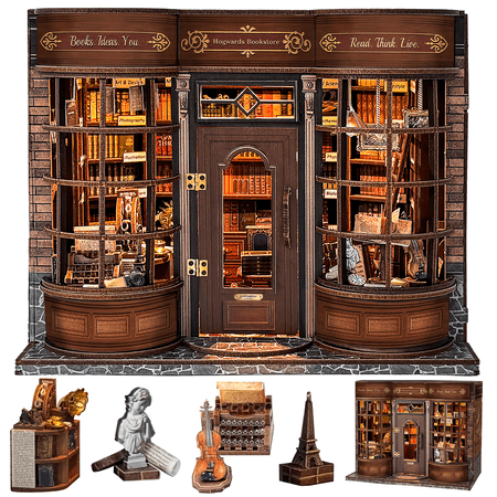 Book Nook Kit, DIY Miniature House Kit, 3D Wooden Puzzle Craft Model for Adults, Creative Tiny House Gift for Bookshelf Decor, Hoggor Bookstore