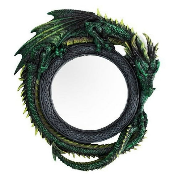 Gothic 11.75" Tall Jade Pagoda Green Intertwined Dragon Round Wall Mirror Plaque Home Decor