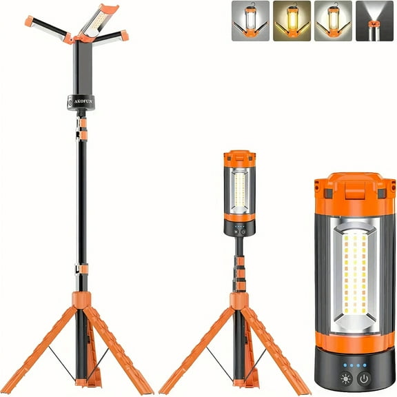 12000mAh Camping Light with Stand, Rechargeable Work Lamp, Dimmable Cordless Work Light with 3 LED Lights Heads, Magnetic Emergency Flashlight with 79" Detachable Tripod