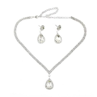 Crystal Jewelry Set - Teardrop Cubic Zirconia Necklace Earrings Set for Wedding Bride Bridesmaids