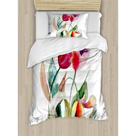 Art Duvet Cover Set Watercolor Tulip Flowers Bouquet Feminine
