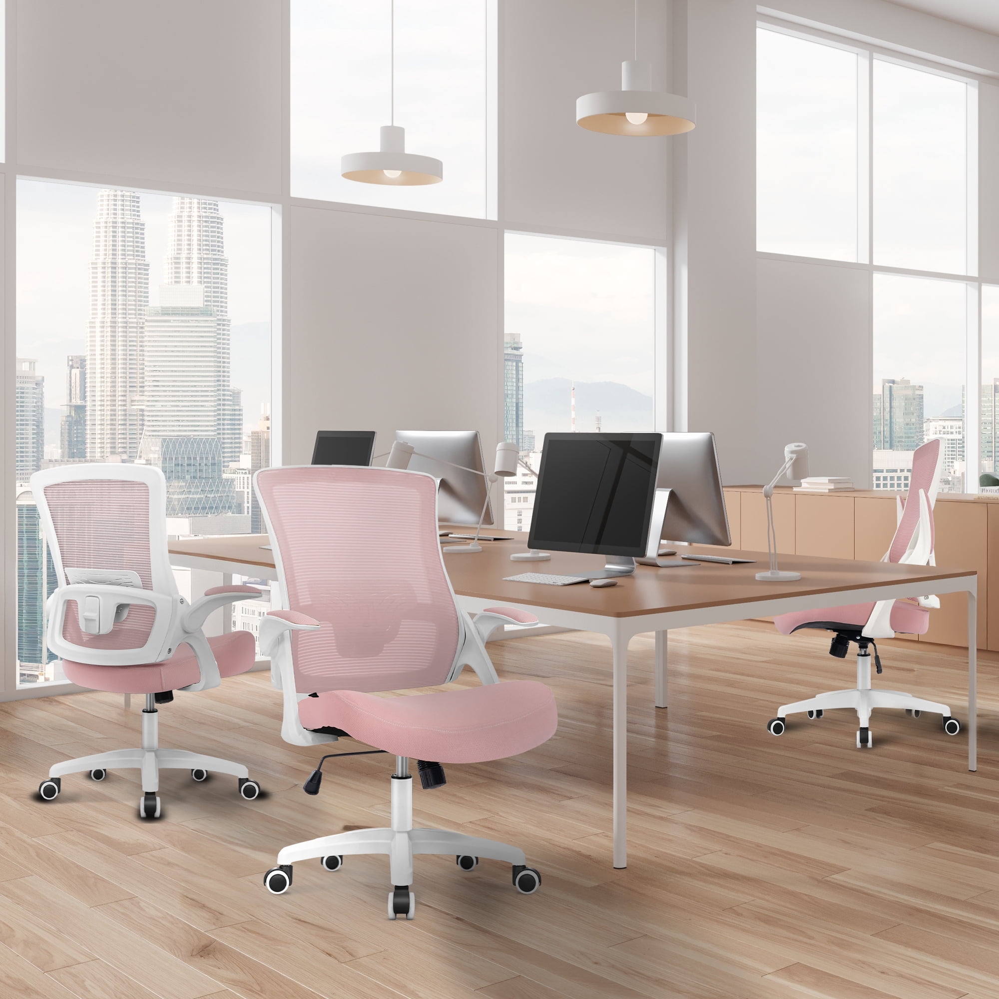 CELTOSS Ergonomic Office Chair, Wide Seat with Flip-Up Armrests, Lumbar Support, Adjustable Height, Comfy Home Task Computer Chair, Pink