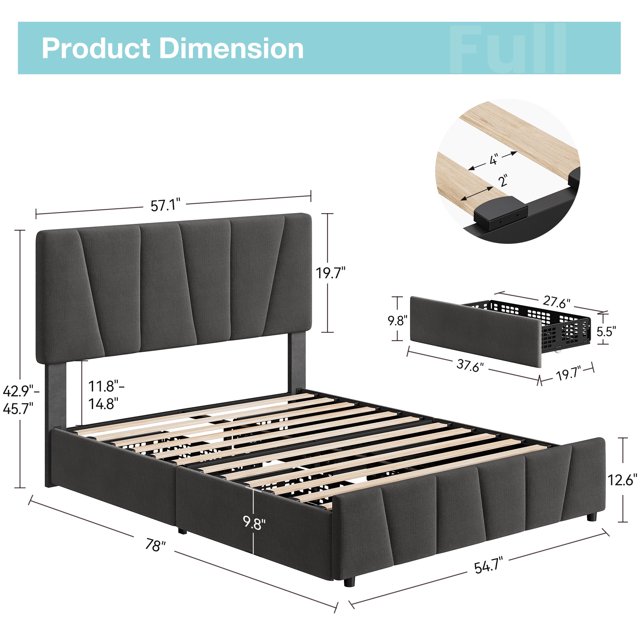 Cherish Full Size Bed Frame with Adjustable Headboard and 4 Storage Drawers, Upholstered Platform