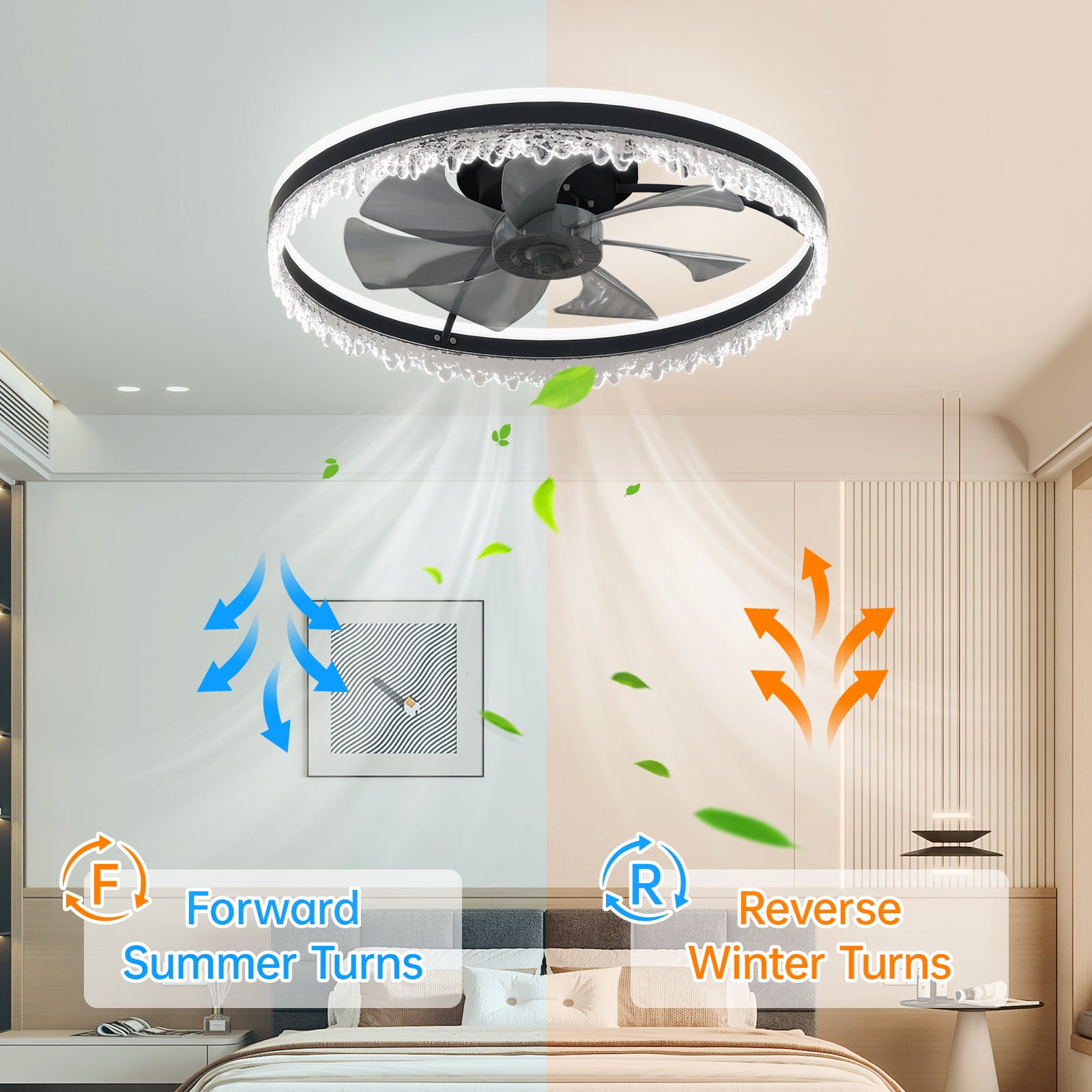 Miniyam Smart LED Fan Light – Flush Mount Crystal Ring Design, Reversible Airflow, 6 Speeds, Ideal for Bedroom & Living Room