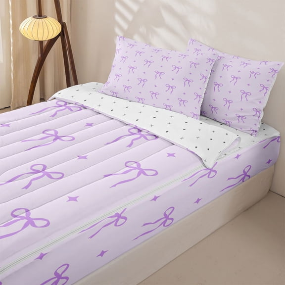 Homewish Lavender Bow Star Zipper Full Size Comforter Sets with Fitted Sheet and 2 Pillowcases for Girls, Purple Ribbon Zipper Bedding Set for Women, Reversible, 4pcs