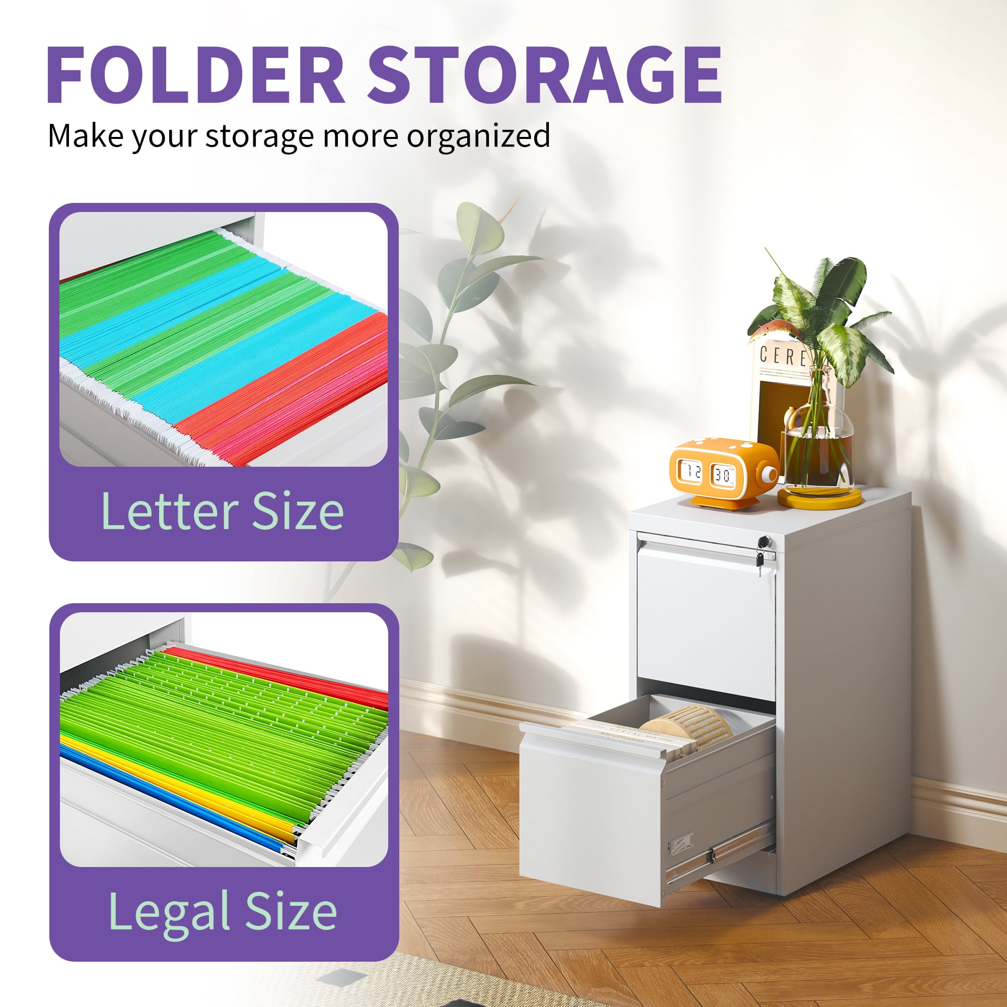 Dtwnek 2 Drawer Metal Vertical File Cabinet with Lock, Office Home Steel Vertical File Cabinet for A4 Letter Size, White