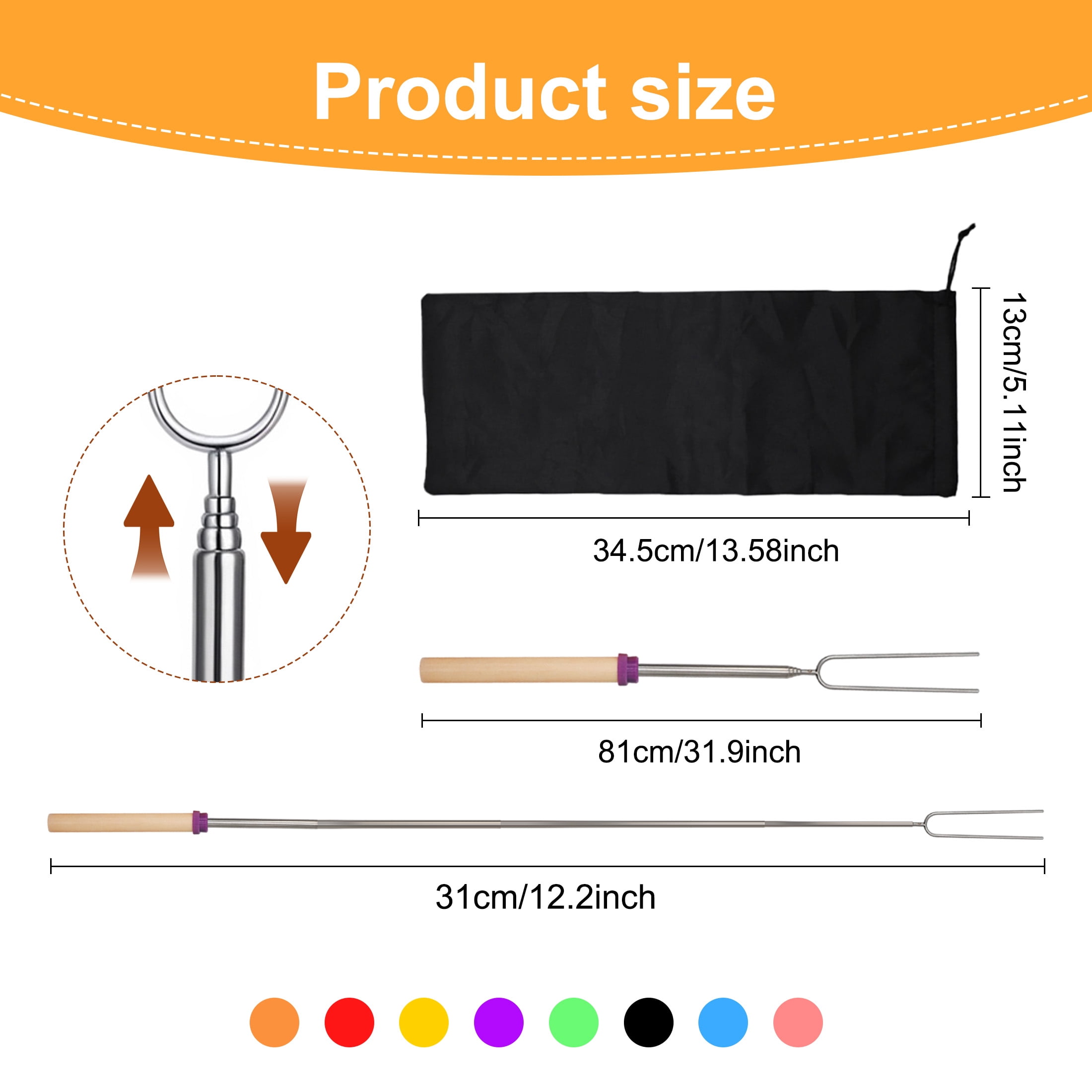 8 Pack Roasting Sticks, Extendable Skewers For Grilling Stainless Steel BBQ Forks with Wooden Handle & Storage Bag, Portable Camping Cookware for Hot Dog, Marshmallow