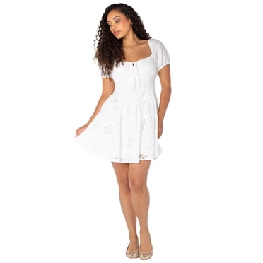 Bridgerton Celebrity Pink Women's Eyelet Puff Sleeve Mini Dress, Sizes XS-XXXL