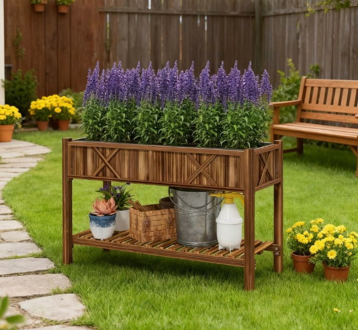 Dual-Tier Raised Garden Bed, Elevated Wood Planter Box with Storage Shelf, Drainage Holes and Liner