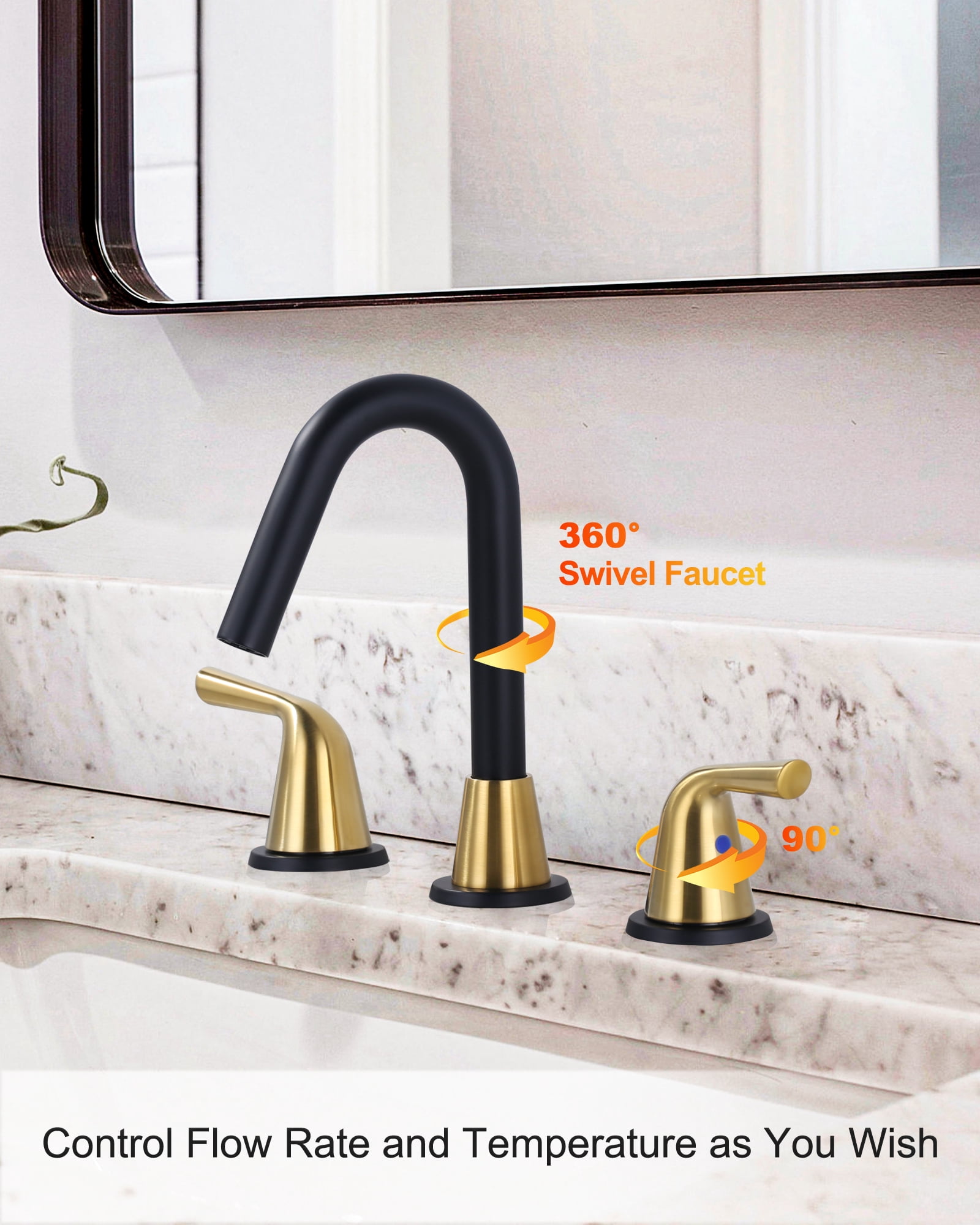 WOWOW Widespread Bathroom Faucets for Sink 3 Hole Black & Gold, 8 inch Bathroom Faucet with Pop Up Drain Assembly and Water Supply Lines 2 Handle 360° Swivel Spout Basin Faucets for Vanity Lavatory
