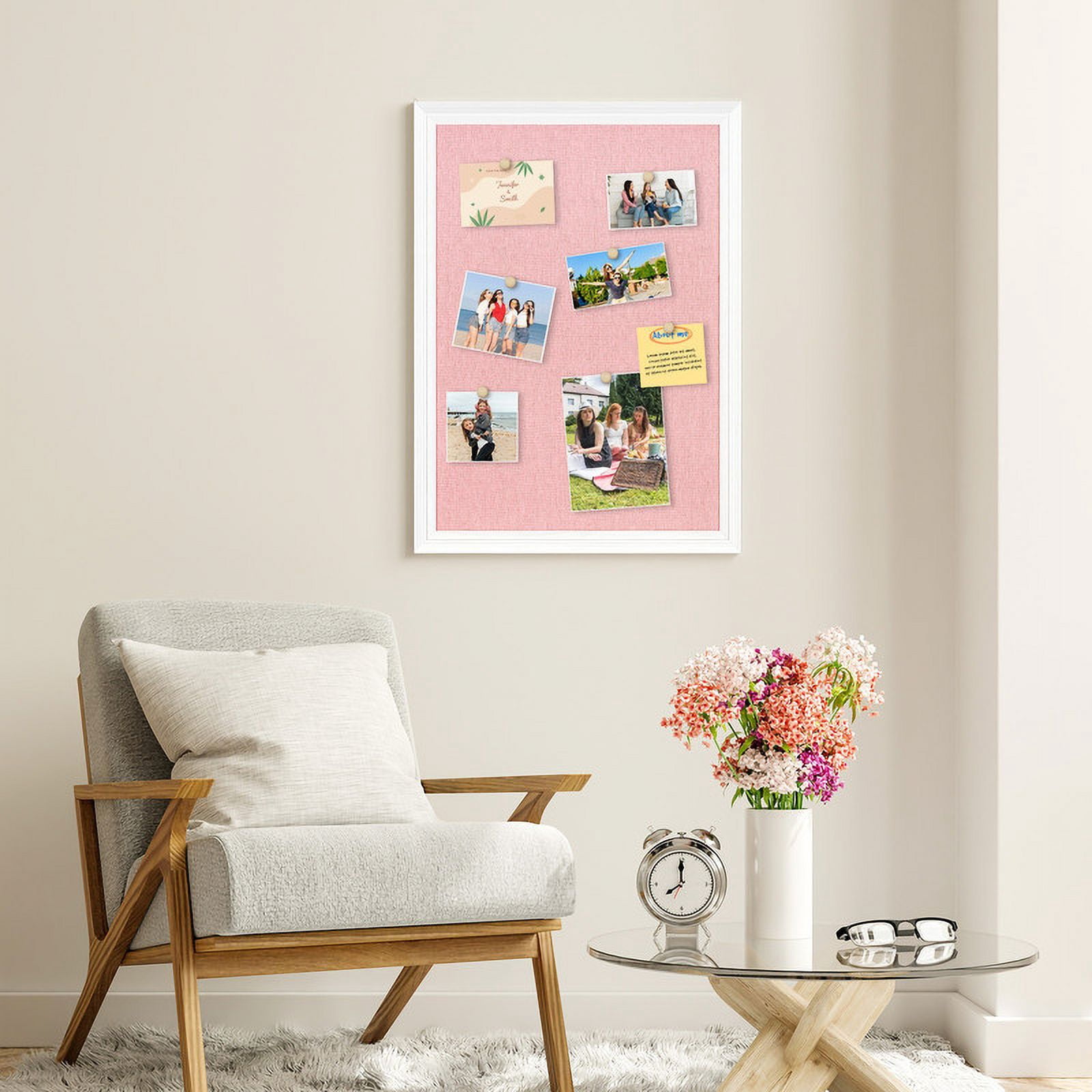 Pink Bulletin Board Pink Cork Board with Linen, Wood Framed 18"x 24" Corkboard Bulletin Board for Wall Decor, Wall Mounted Pin Board Picture Board, White Wood Frame