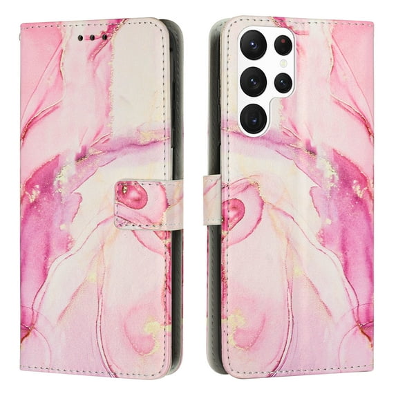 SaniMore Magnetic Closure Wallet Case for Samsung Galaxy S23 Ultra with Card Holder, Painted Marble Pattern PU Leather Cover Support Kickstand & Wrist Strap Shockproof Protective Shell, Rosegold