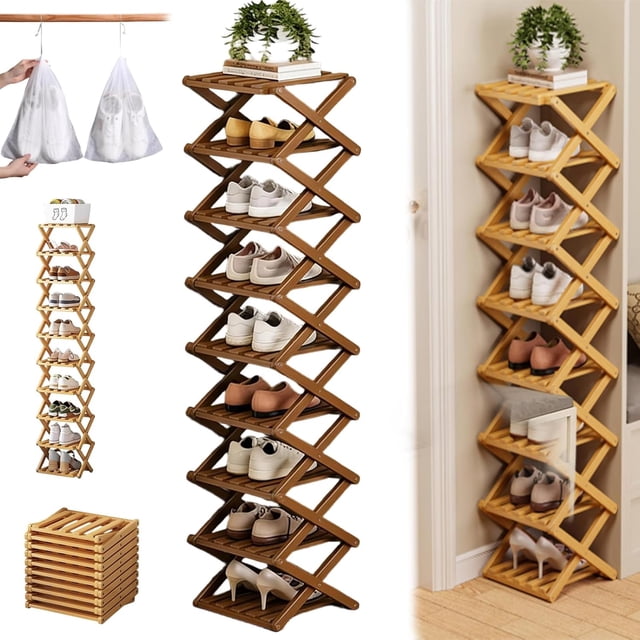The 9-Tier No-Assembly Bamboo Rack, 2026 New Foldable Vertical Storage Organizer, Eco-Friendly, Durable, and Beautiful, No Installation Required, for Entryway Closet Dorm (Brown,9 Tier)