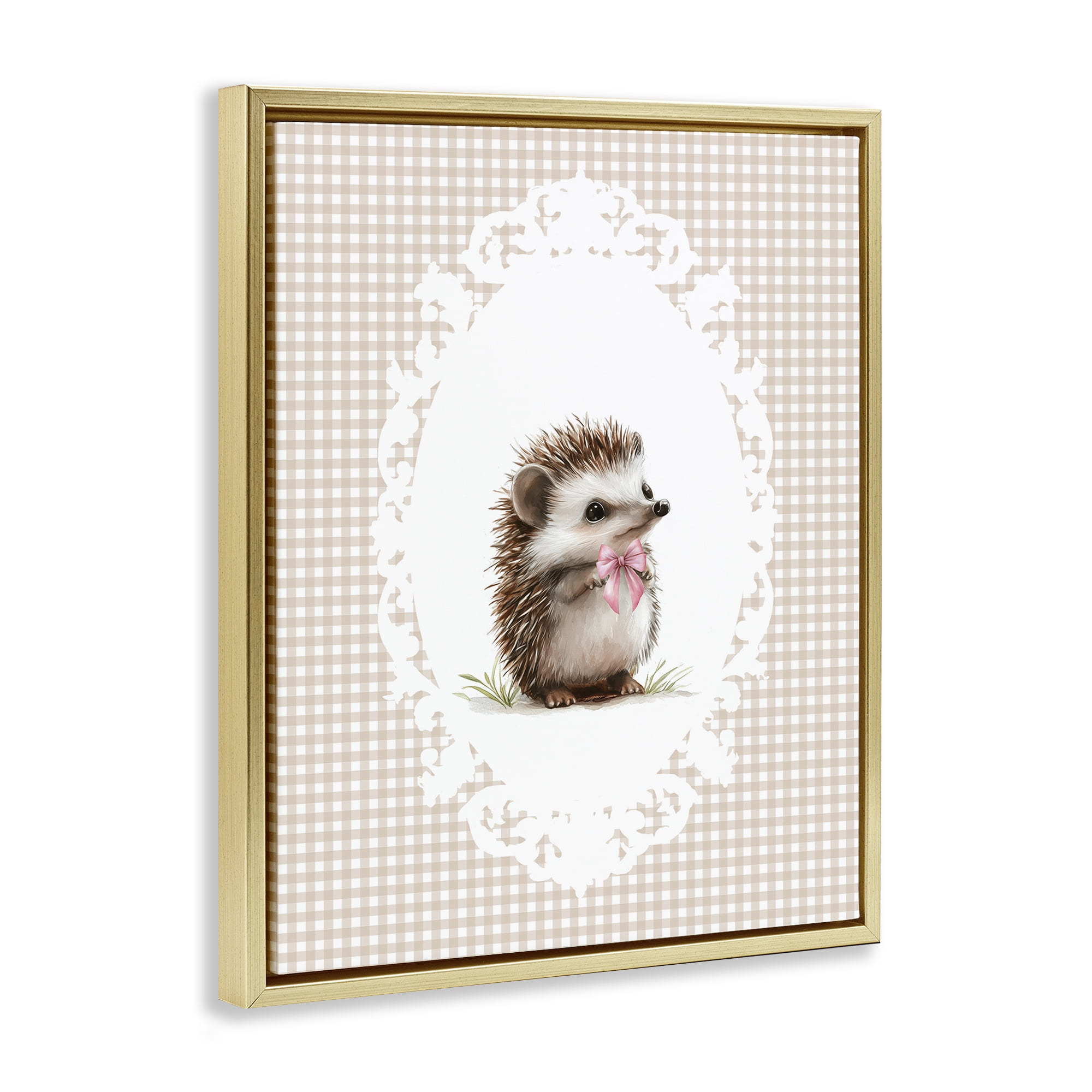 Stupell Industries Vintage Bow Hedgehog on Gingham Gold Framed Floater Canvas Wall Art, design by Christine Simpson Art