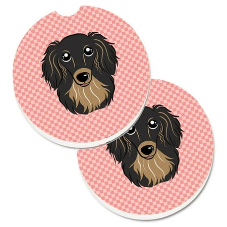 

Checkerboard Pink Longhair Black & Tan Dachshund Set of 2 Cup Holder Car Coaster