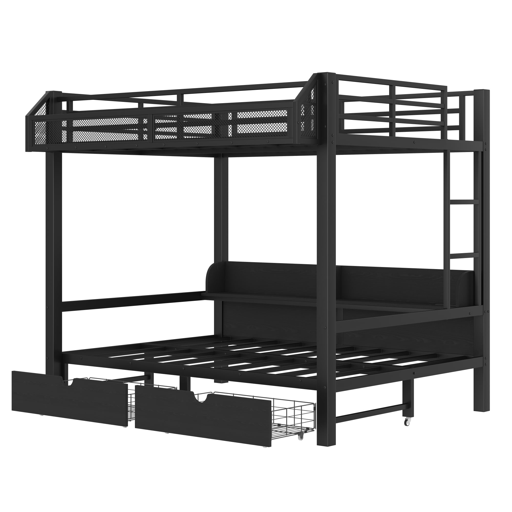 Full over Full Size Bunk Bed with 2 Drawers and Storage Shelves, Multifunctional Metal Bunk Bed Frame with LED Lights and USB Ports, Lower Bed that can be converted into a sofa