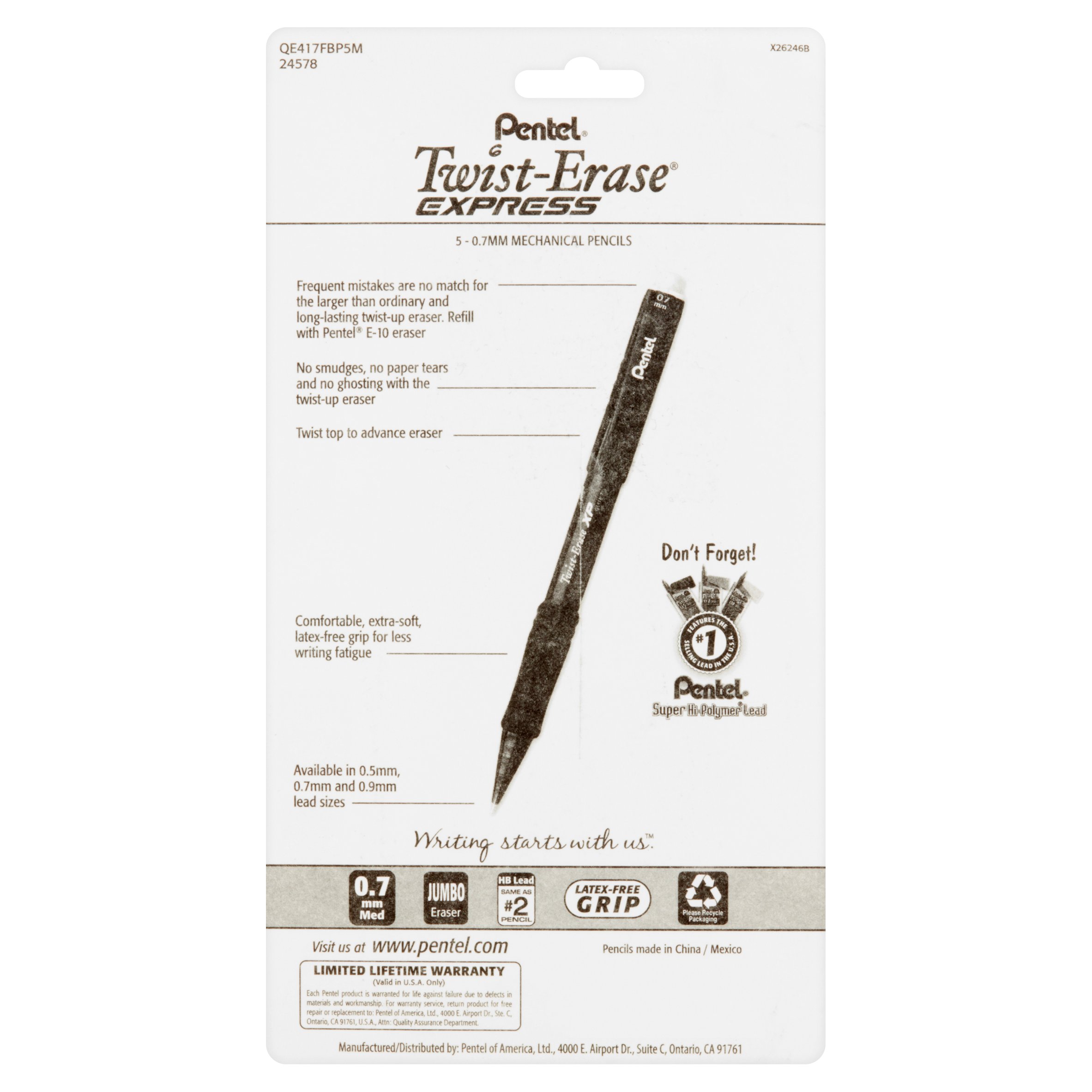 Pentel Twist-Erase EXPRESS Pencil (0.7mm) Asstd Barrel Colors, 5-Pk - image 2 of 6