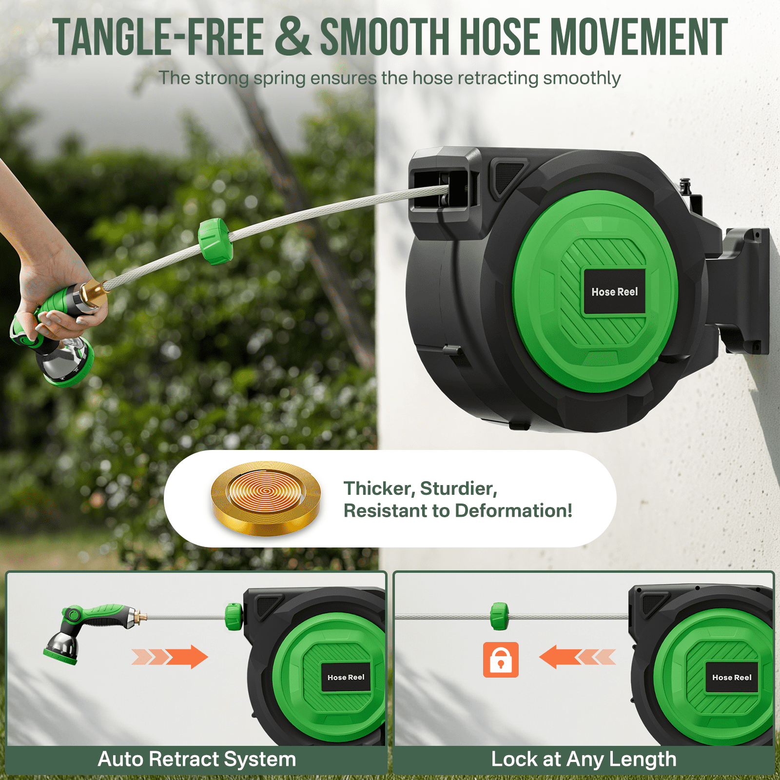 Fitfort Retractable Hose Reel, 100ft Wall-Mounted Water Reel with Auto Rewind and 10-Pattern Spray Nozzle, Heavy Duty for Garden & Car Wash
