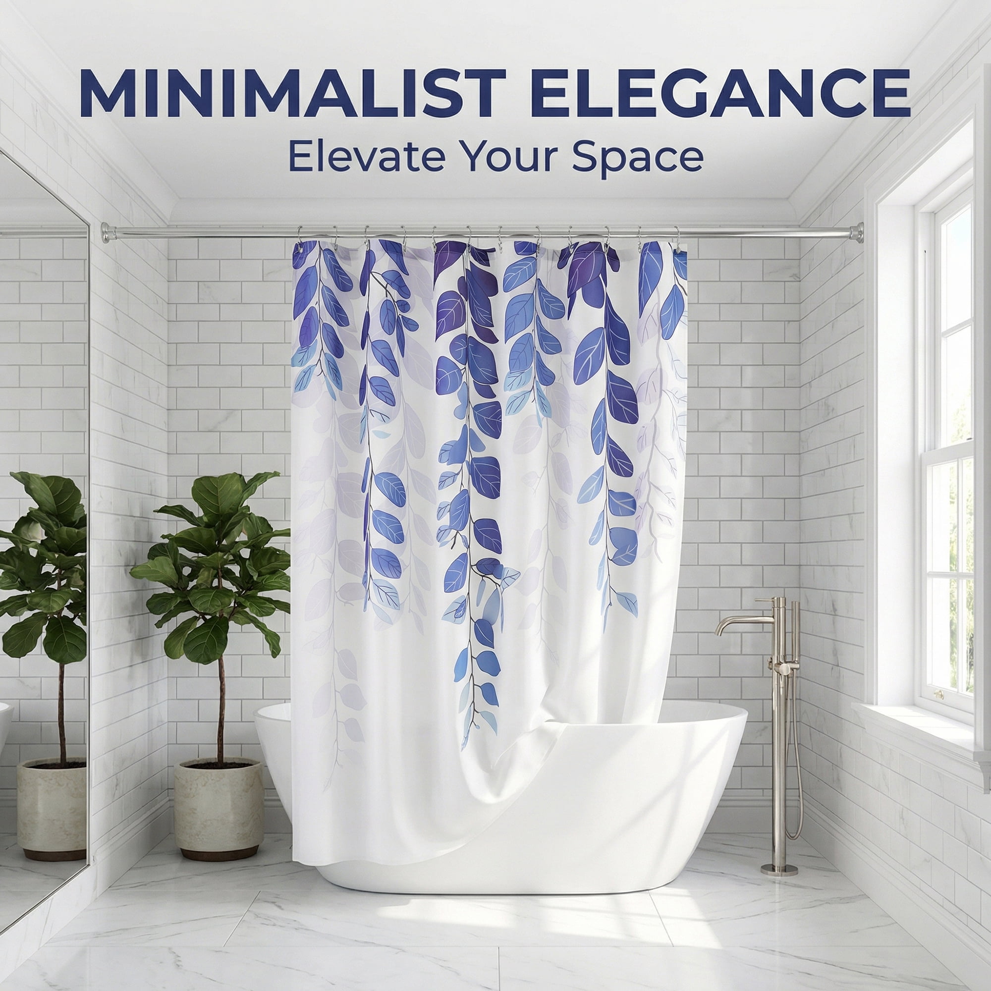 Unique Bargains Waterproof Plant-Print Shower Curtain Set with 12 Hooks Blue 71"W x 71"L