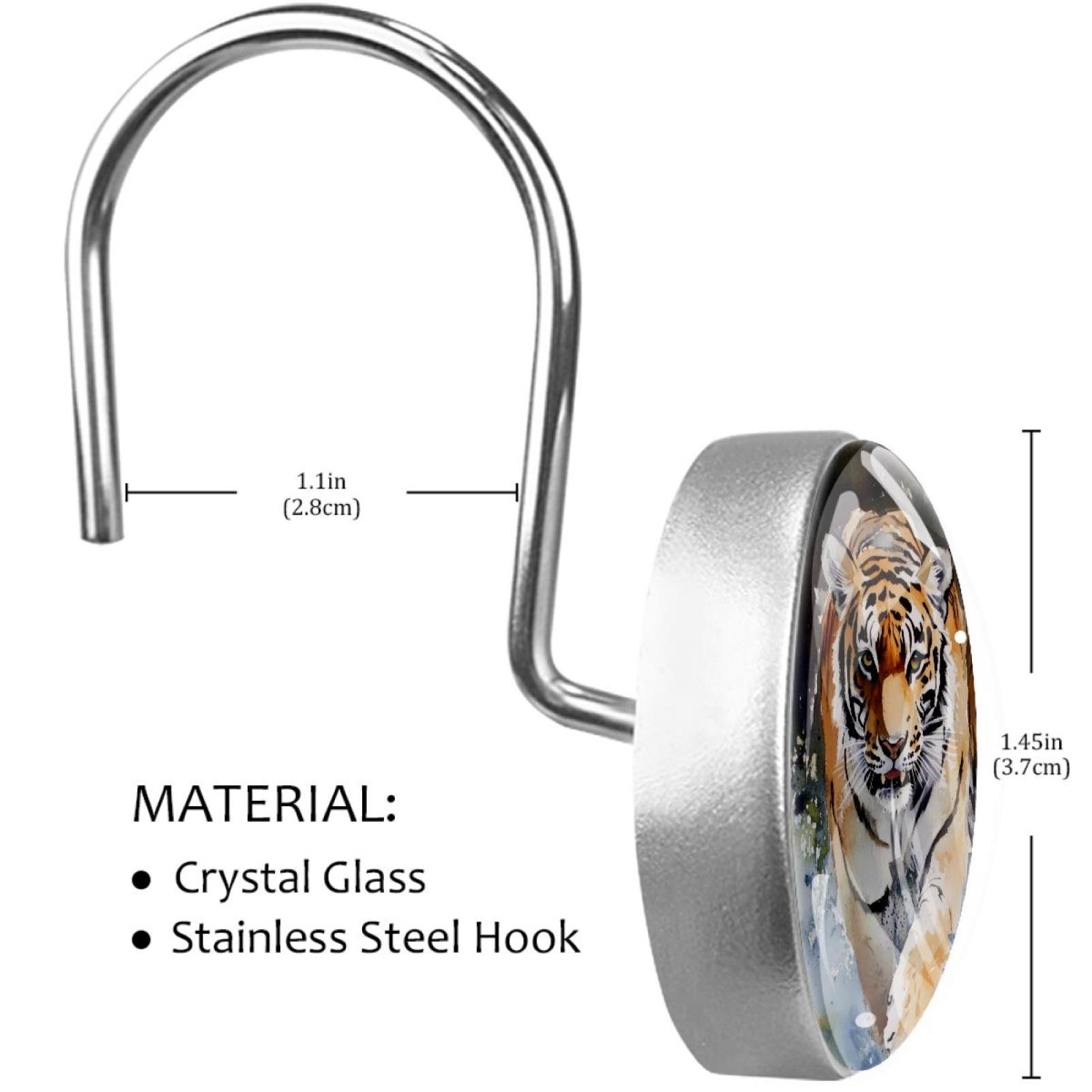 Watercolor Walking Tigers Shower Curtain Hooks Round Crystal Glass, Set of 12 Shower Curtain Rings - Shower Hooks for Curtain Shower Rings