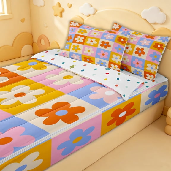 Erosebridal Cartoon Checker Daisy Art Zipper Twin Comforter Sets with Fitted Sheet and 2 Pillowcases for Girls, Rainbow Retro Block Floral Zipper Bedding Set, Polkadot Reversible, 4pcs