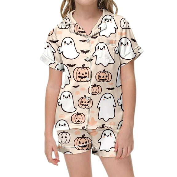 Gyexs Hallween Girls Pajamas Short Sleeve Button Down T Shirt and Pjs Shorts 2pc Pumpkin Graphic Loungewear Child Clothing #04 Orange 6-7 Years