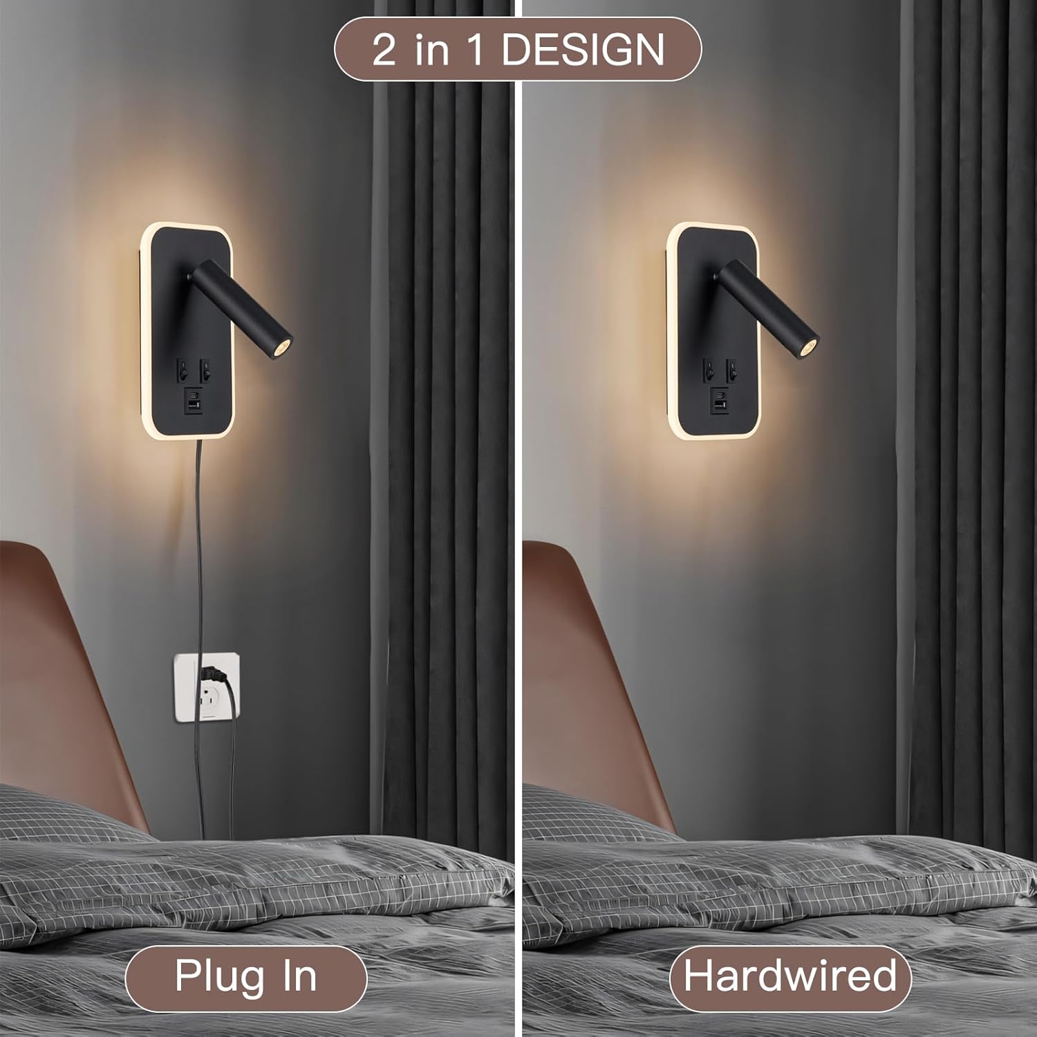 Wall Mounted Bedside Reading Light with 10W+3W Adjustable Headboard Lamp, USB-C+A Ports, Hardwired Plug-in Wall Sconce, 3000K Warm White, Black Finish