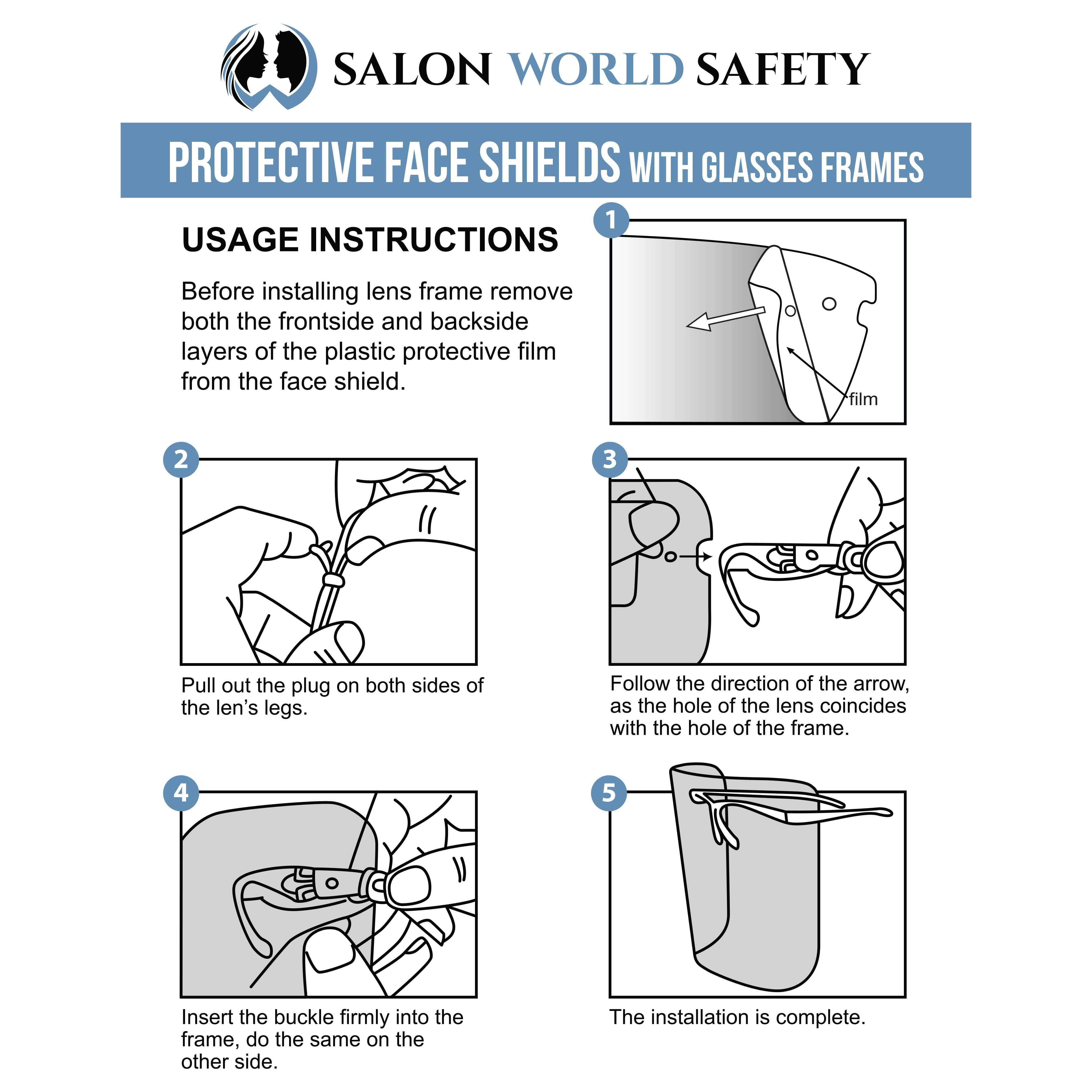 TCP Global Salon World Safety Face Shields with All Clear Glasses Frames (Pack of 25) - Ultra Clear Protective Full Face Shields to Protect Eyes, Nose, Mouth - Anti-Fog PET Plastic, Goggles