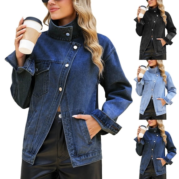 Women's Oversized Denim Jacket Stand Collar Asymmetric Button Long Sleeve Casual Jean Coat Vintage Washed Street Outerwear with Pockets Light Blue