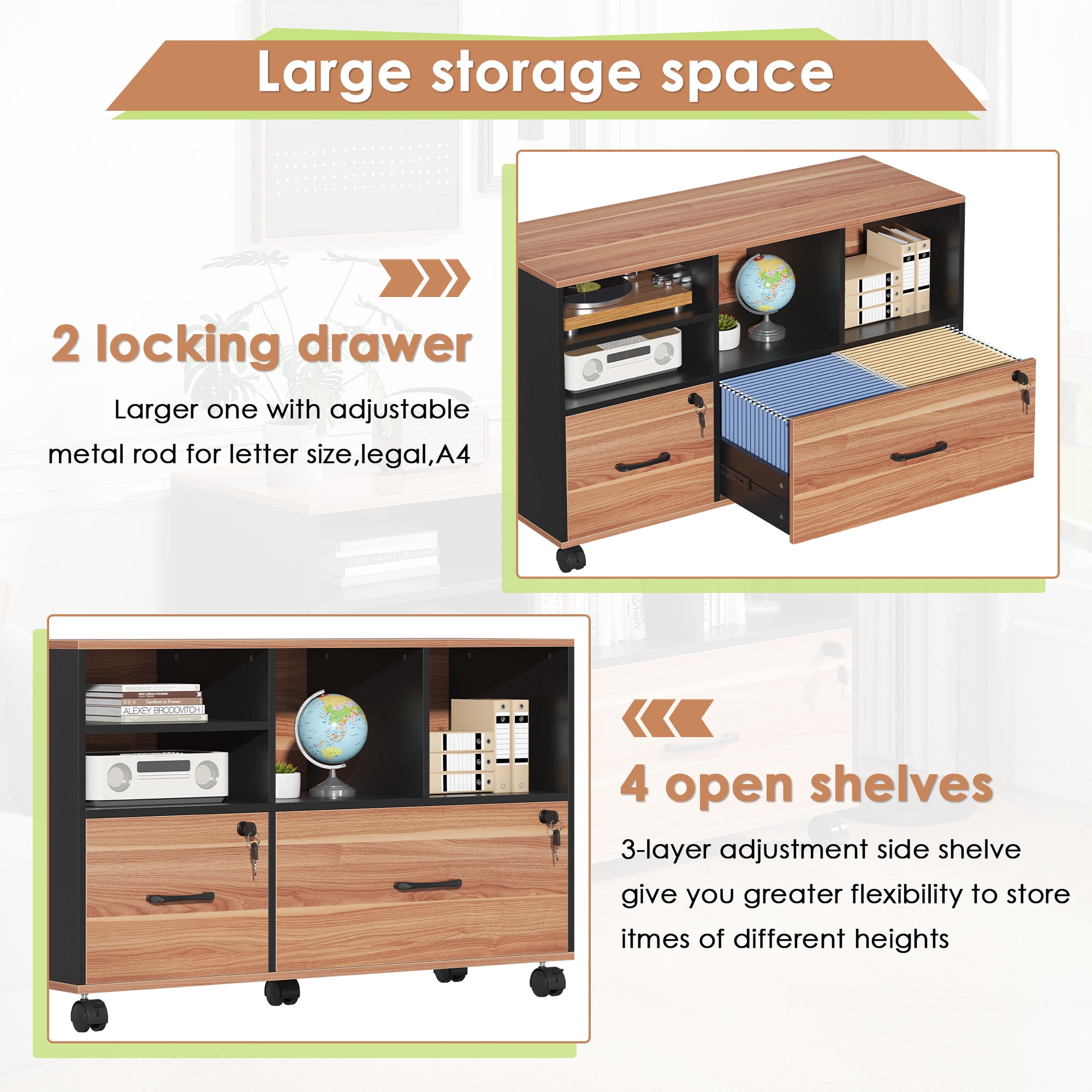 Semoic 2 Drawer File Cabinet for Home Office, Lockable Rolling Filing Cabinet with Adjustable Shelves, Wood Lateral File Cabinet with Lock, Printer Stand Office Storage Cabinet, Rustic Brown & Black