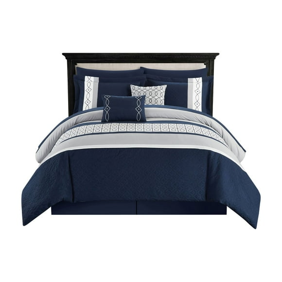 Chic Home Katrin 20 Piece Comforter Color Block Geometric Embroidered Bag Bedding-Sheet Set Pillowcases Window Treatments Decorative Pillows Shams Included, Queen, Navy