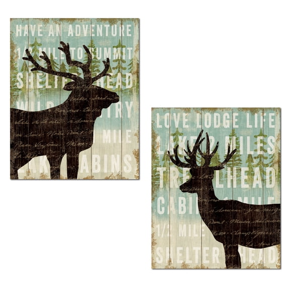 Rustic Brown and Green Forest Elk and Deer Silhouette Cabin Decor; 2 - 11" x 14" Unframed Posters