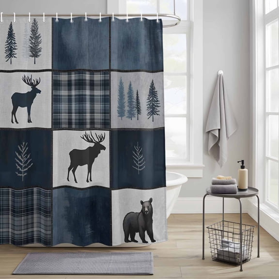 Bathroom Shower Curtain Reindeer Bear Silhouette Pine Tree Waterproof Shower Curtains with Hooks, Vintage Buffalo Patchwork Bath Curtains Bathtub Curtain Home Decor 36x72in