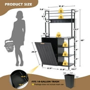 MAGIC UNION Black Bakers Racks Kitchen Microwave Stand Cabinet with 10 Gallon Trash Can Bin Cabinet and Power Outlet, 6-Tiers Farmhouse Coffee Bar Table Station with 6 Hooks and Storage Shelf