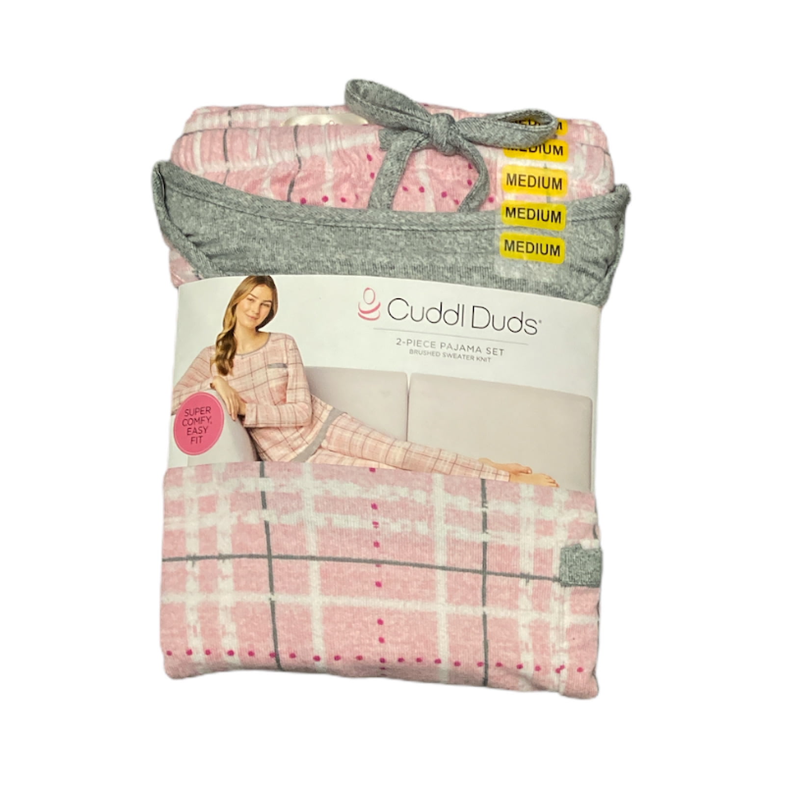 Cuddl Duds Women's Brushed Sweater Knit Long Sleeve Pajama Set, 2 Piece (Pink Plaid, L (14-16 ...