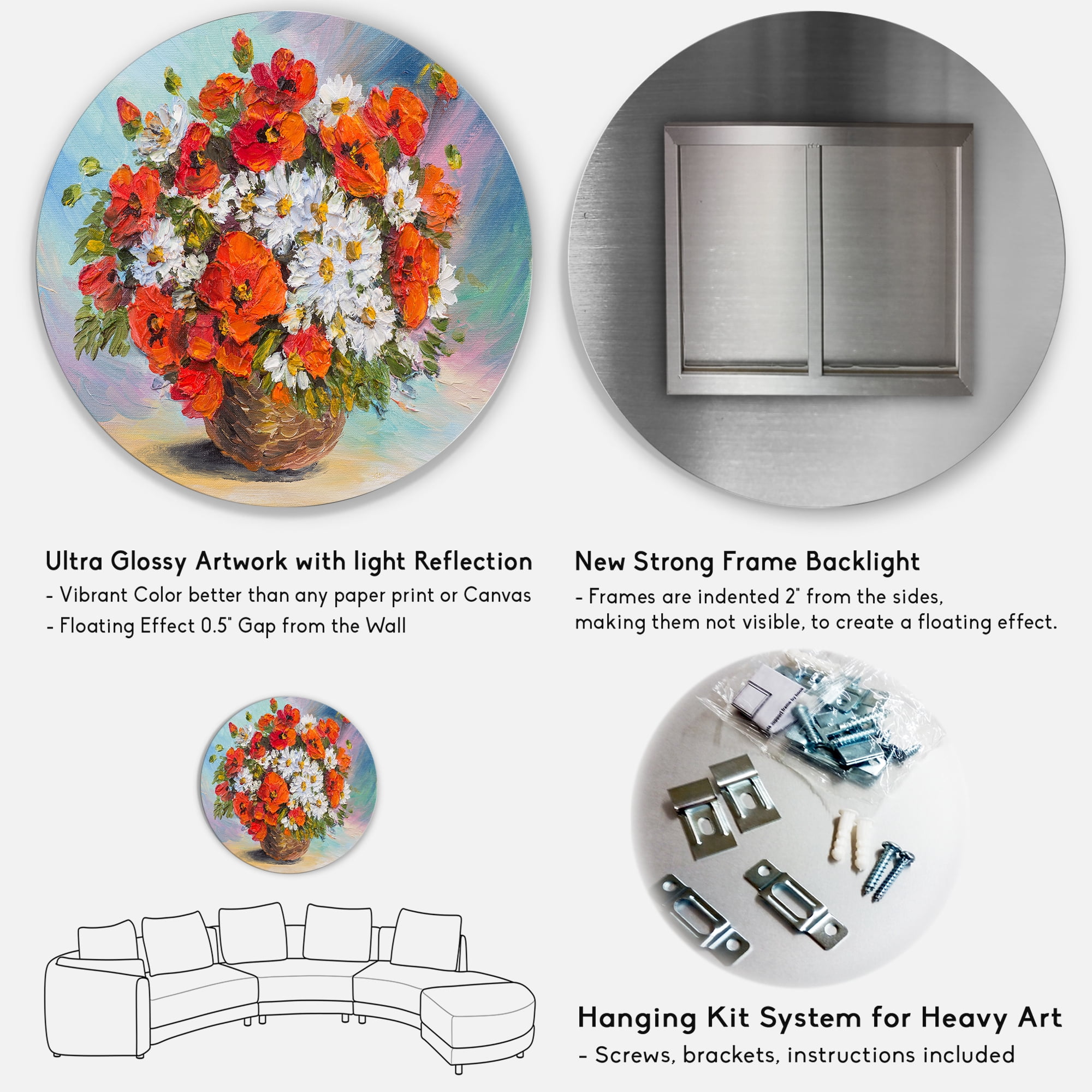 Designart 'Still Life Bouquet Of Daisies and Poppies' Traditional Circle Metal Wall Art 36x36 - Disc of 36