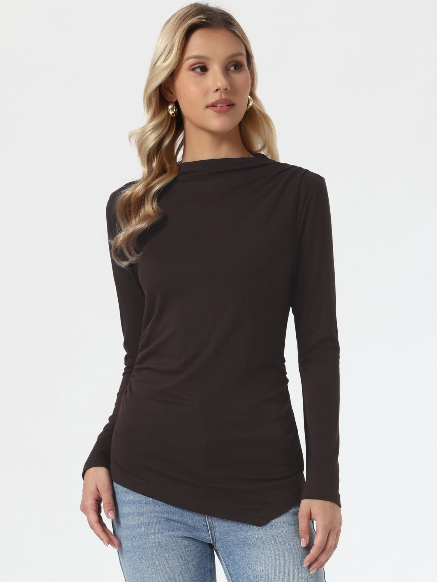 DARING DIVA Women's Pleated Mock Neck Long Sleeves Cozy Fitted Top S Coffee