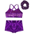 thumbnail image 4 of JanJean Girls 3 Pieces Dance Outfit Sport Crop Top Bra with Shorts Hair Tie Set Gymnastics Workout Purple 6, 4 of 7